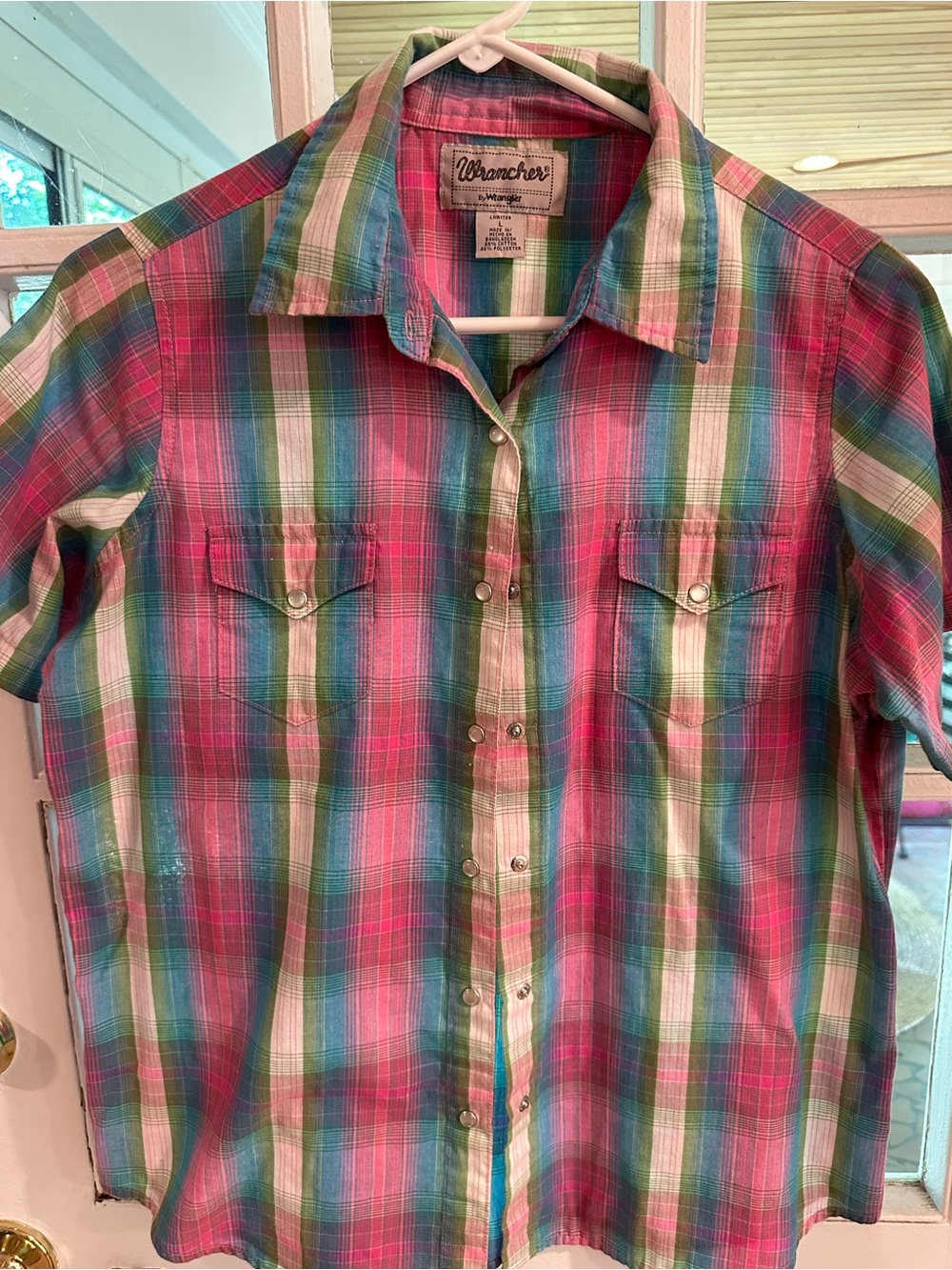 Wrangler Wrancher Women’s Pink & Teal Plaid Button-Down Shirt